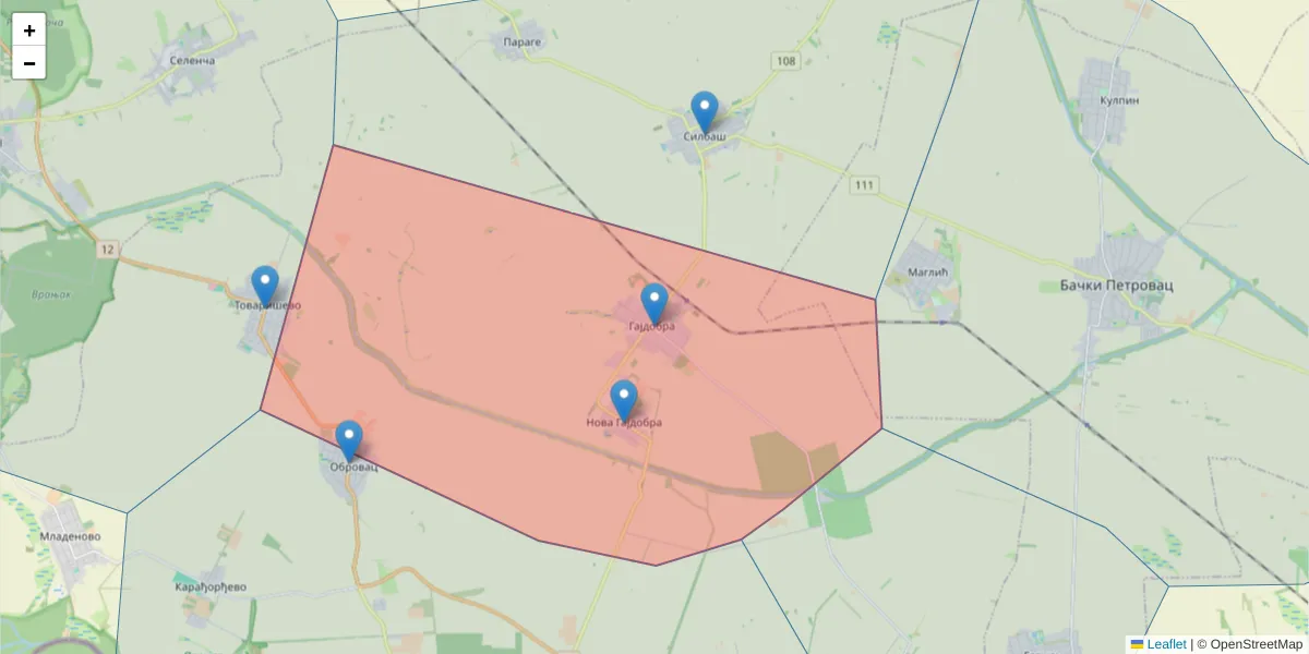 Mapa poštanskog broja  i okolnih poštanskih brojeva u Srbiji