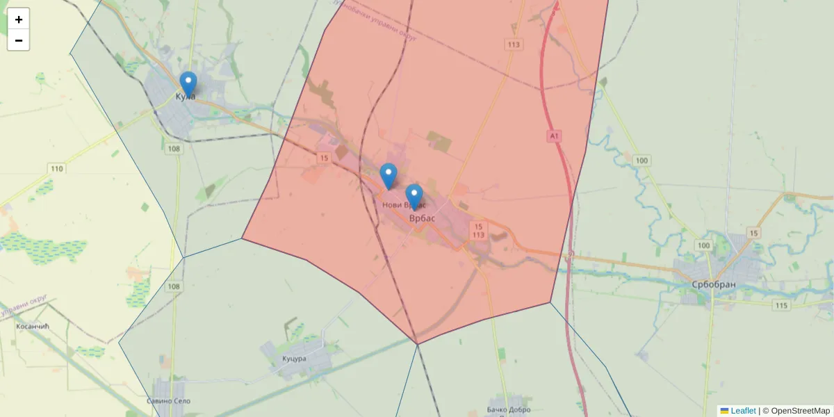 Mapa poštanskog broja  i okolnih poštanskih brojeva u Srbiji