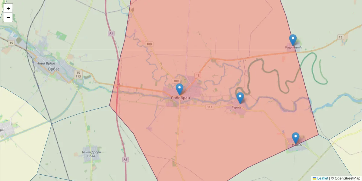 Mapa poštanskog broja  i okolnih poštanskih brojeva u Srbiji