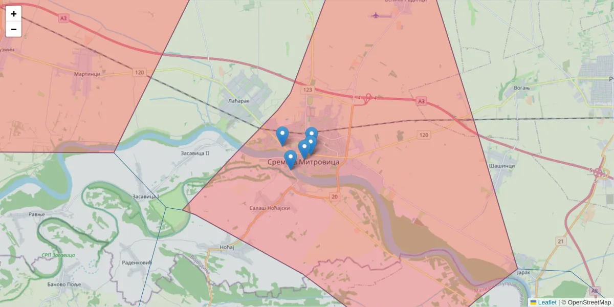 Mapa poštanskog broja  i okolnih poštanskih brojeva u Srbiji