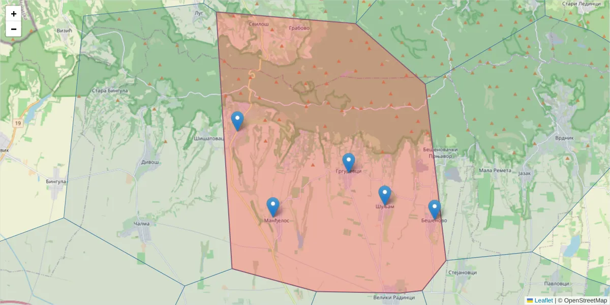 Mapa poštanskog broja  i okolnih poštanskih brojeva u Srbiji