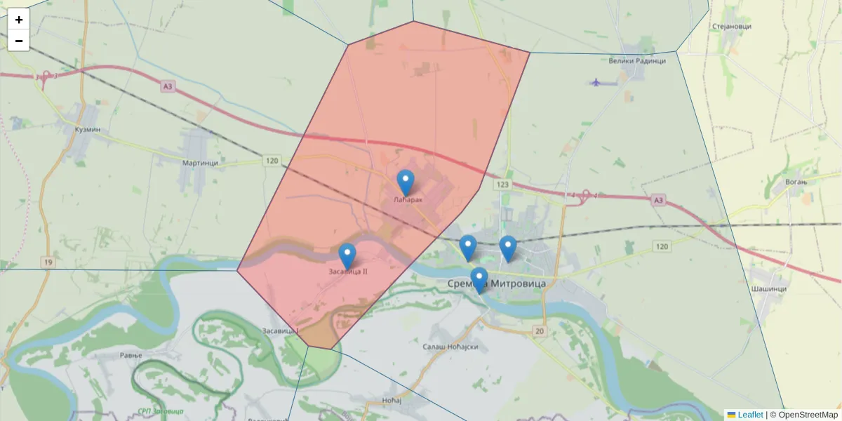 Mapa poštanskog broja  i okolnih poštanskih brojeva u Srbiji