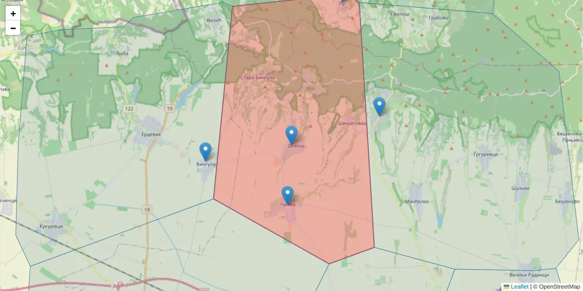 Mapa poštanskog broja  i okolnih poštanskih brojeva u Srbiji