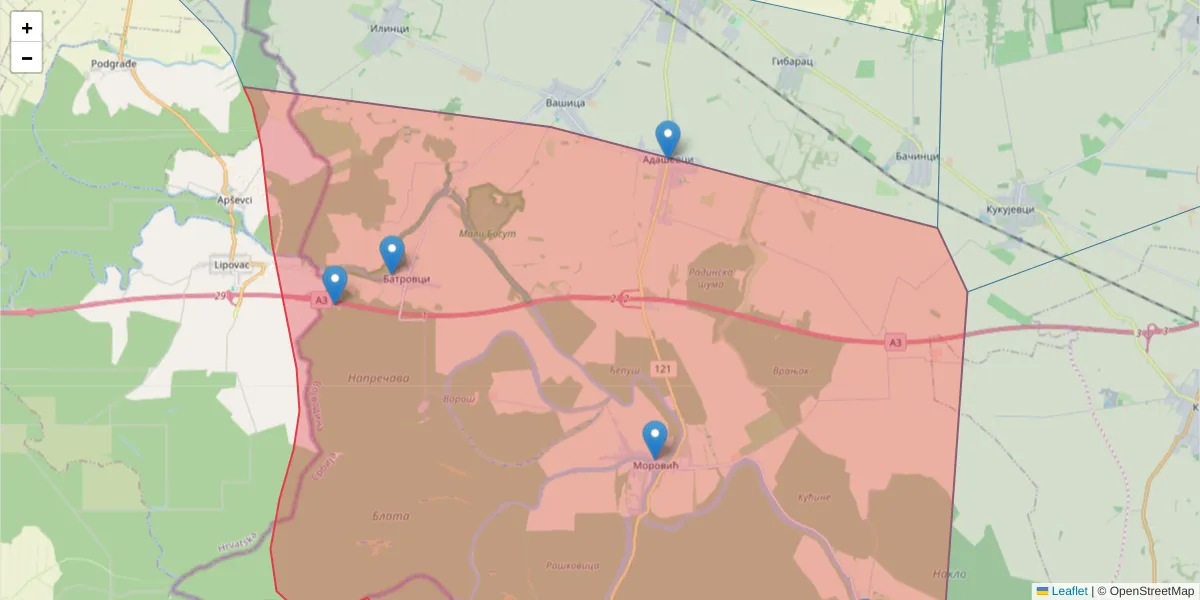 Mapa poštanskog broja  i okolnih poštanskih brojeva u Srbiji