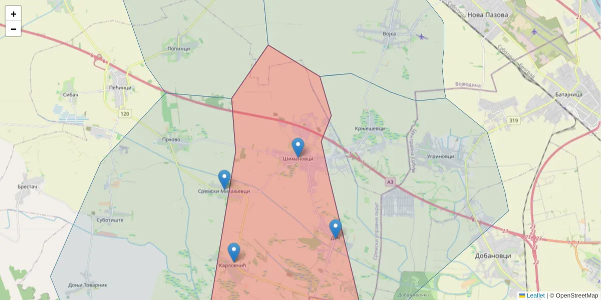 Mapa poštanskog broja  i okolnih poštanskih brojeva u Srbiji