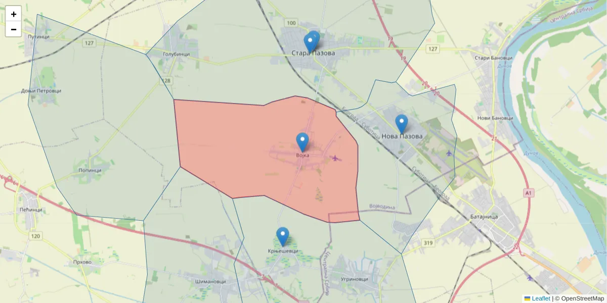 Mapa poštanskog broja  i okolnih poštanskih brojeva u Srbiji