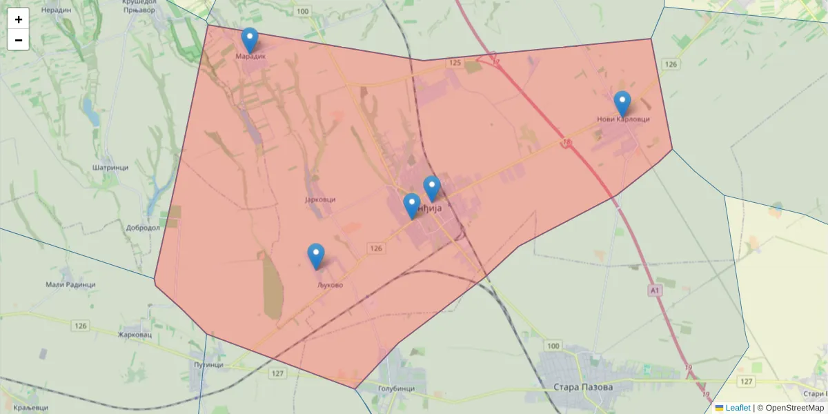 Mapa poštanskog broja  i okolnih poštanskih brojeva u Srbiji