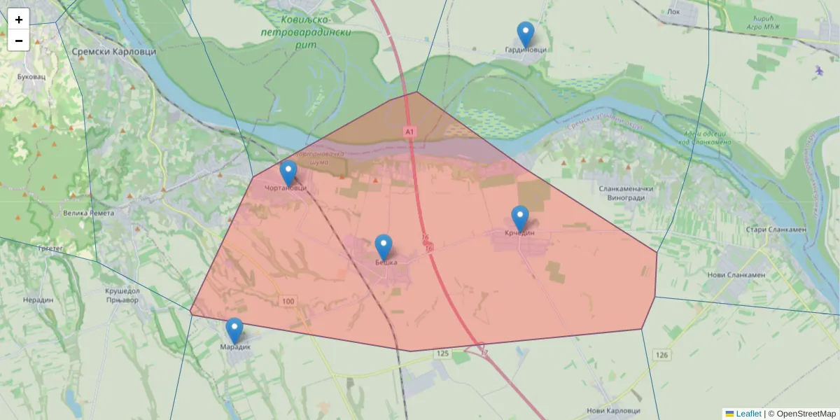 Mapa poštanskog broja  i okolnih poštanskih brojeva u Srbiji