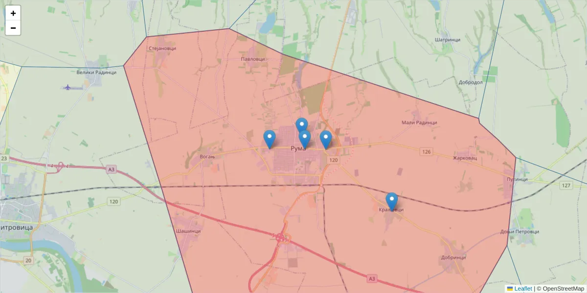 Mapa poštanskog broja  i okolnih poštanskih brojeva u Srbiji