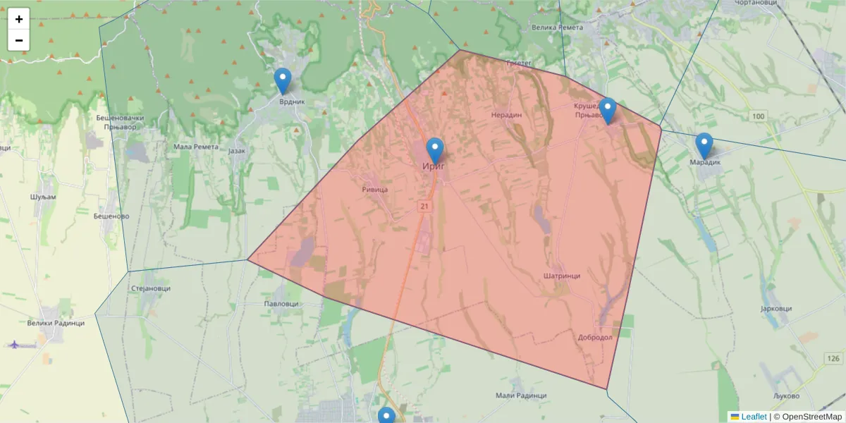 Mapa poštanskog broja  i okolnih poštanskih brojeva u Srbiji