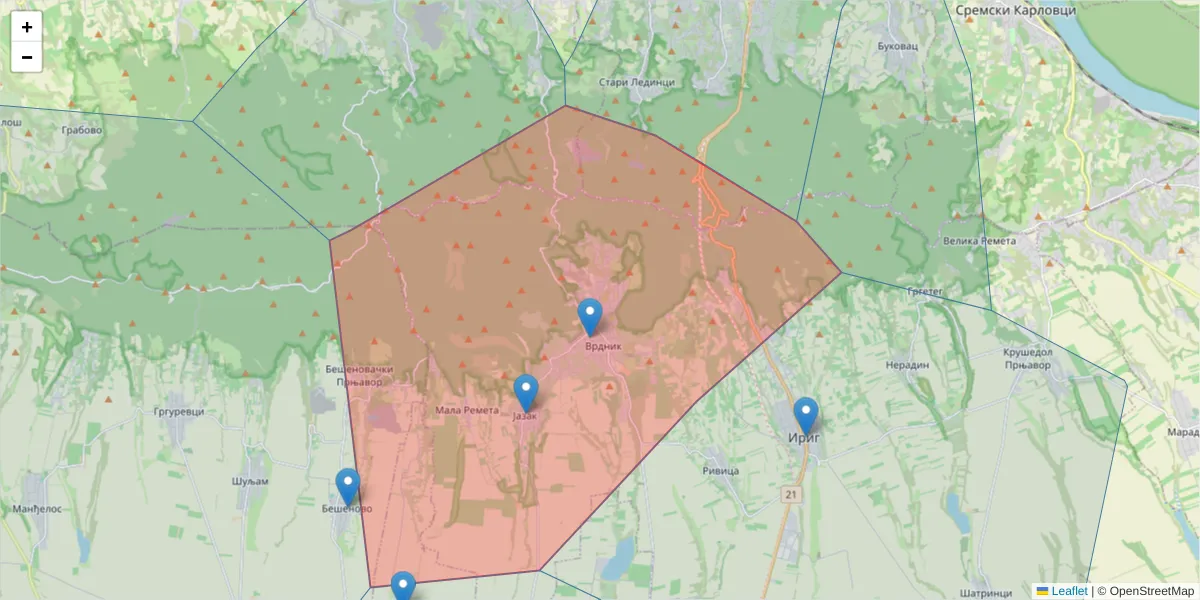 Mapa poštanskog broja  i okolnih poštanskih brojeva u Srbiji