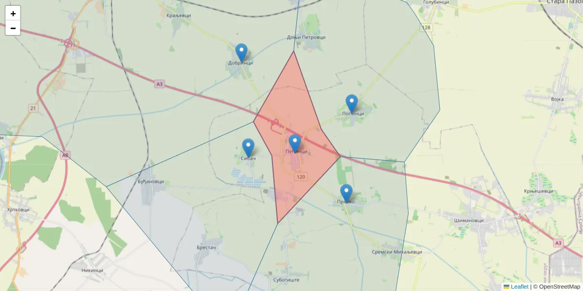 Mapa poštanskog broja  i okolnih poštanskih brojeva u Srbiji