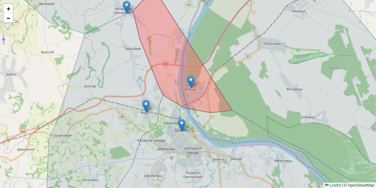 Mapa poštanskog broja  i okolnih poštanskih brojeva u Srbiji
