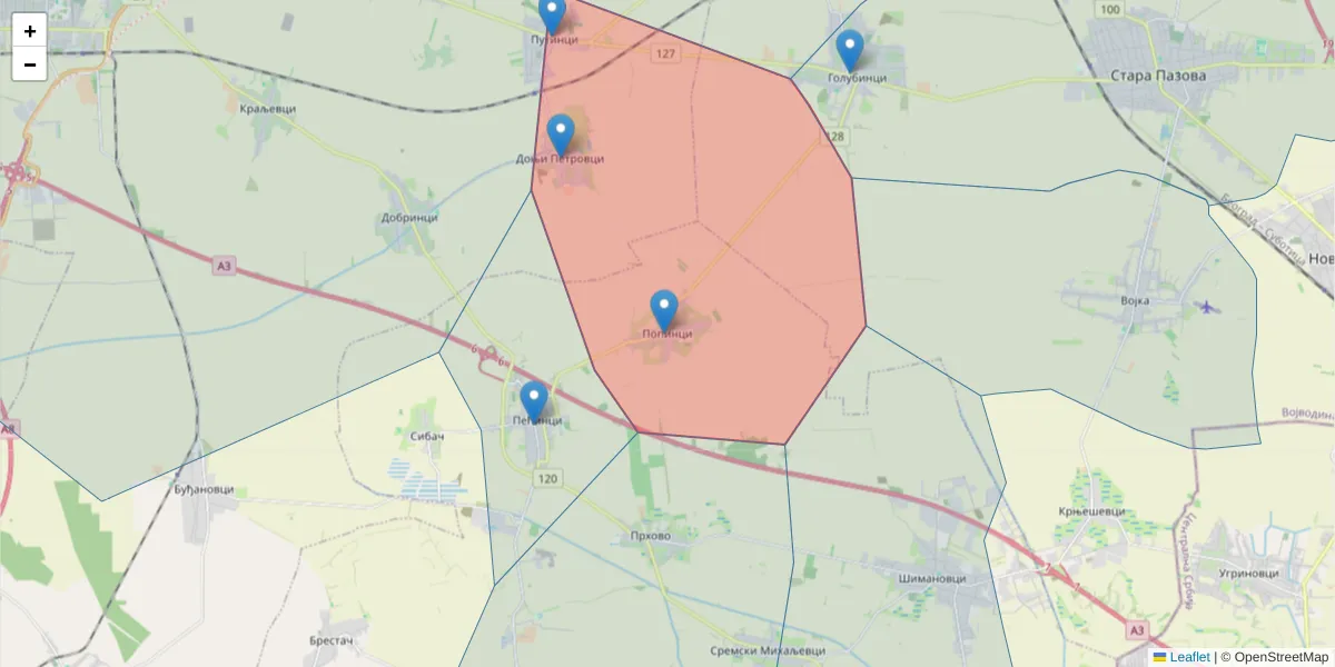 Mapa poštanskog broja  i okolnih poštanskih brojeva u Srbiji