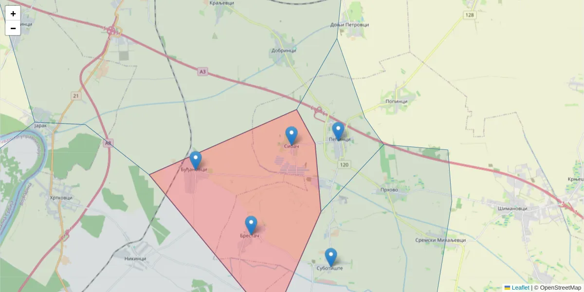 Mapa poštanskog broja  i okolnih poštanskih brojeva u Srbiji