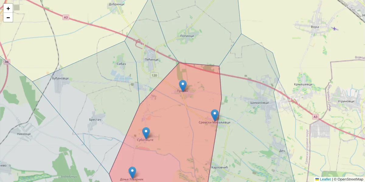 Mapa poštanskog broja  i okolnih poštanskih brojeva u Srbiji