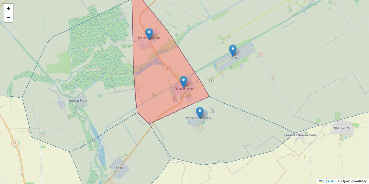 Mapa poštanskog broja  i okolnih poštanskih brojeva u Srbiji