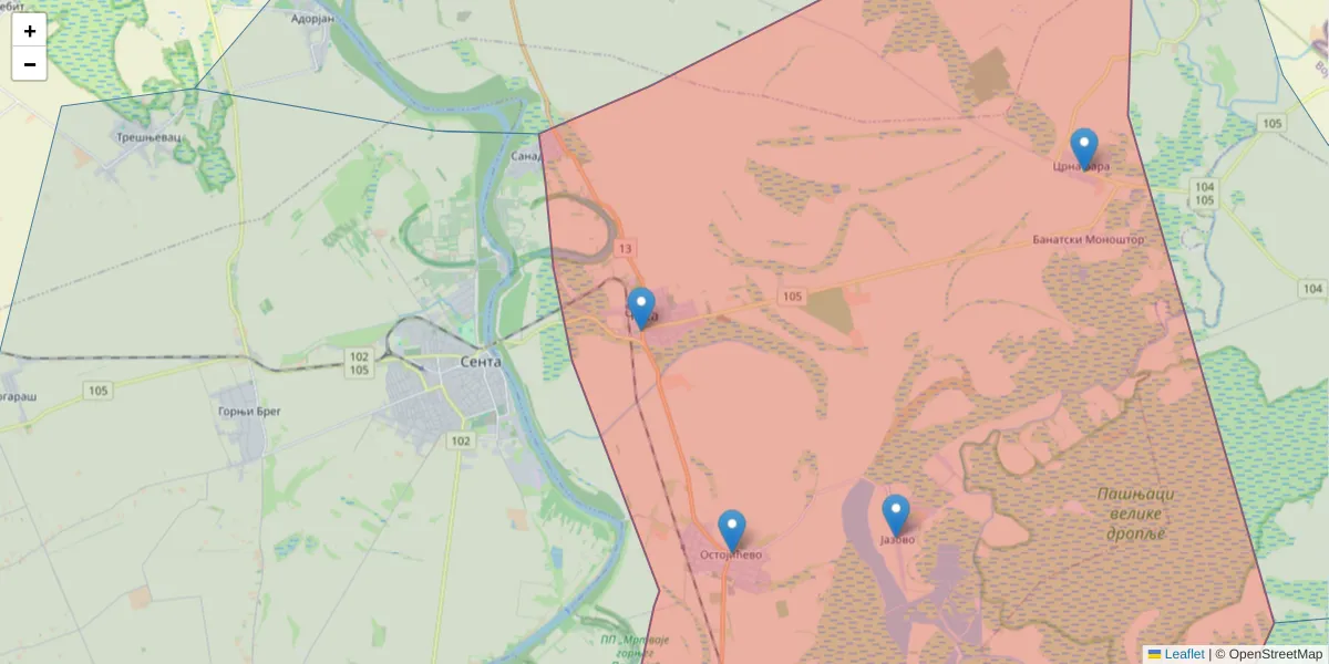 Mapa poštanskog broja  i okolnih poštanskih brojeva u Srbiji