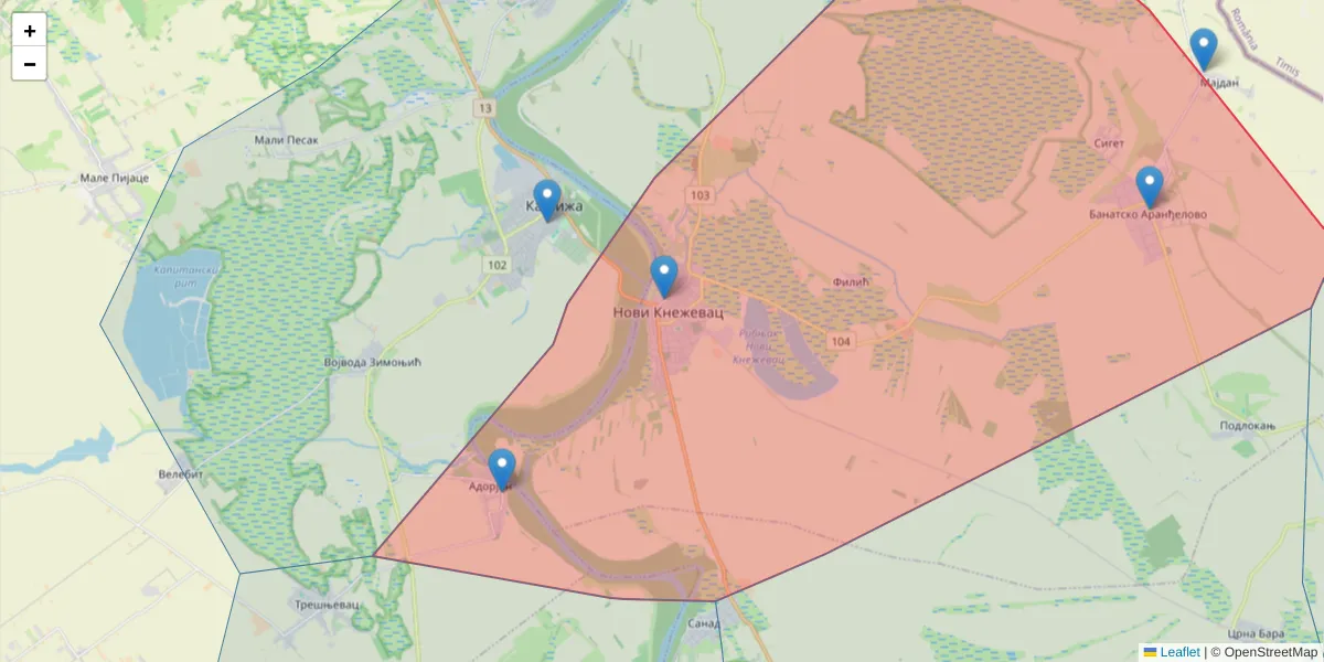 Mapa poštanskog broja  i okolnih poštanskih brojeva u Srbiji