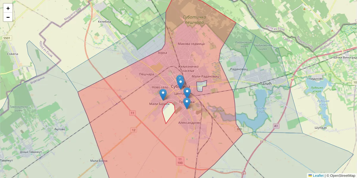 Mapa poštanskog broja  i okolnih poštanskih brojeva u Srbiji