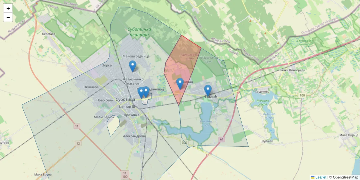 Mapa poštanskog broja  i okolnih poštanskih brojeva u Srbiji