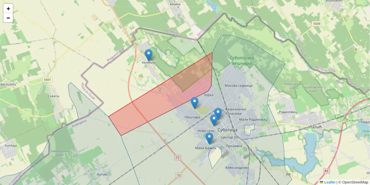 Mapa poštanskog broja  i okolnih poštanskih brojeva u Srbiji