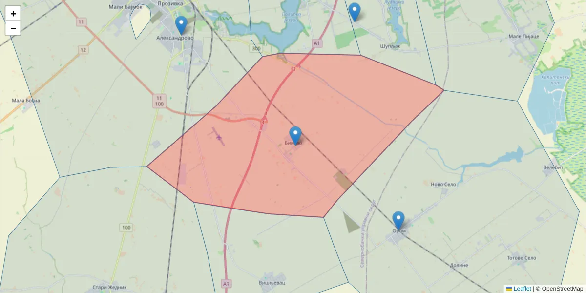 Mapa poštanskog broja  i okolnih poštanskih brojeva u Srbiji