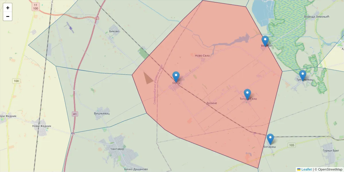 Mapa poštanskog broja  i okolnih poštanskih brojeva u Srbiji