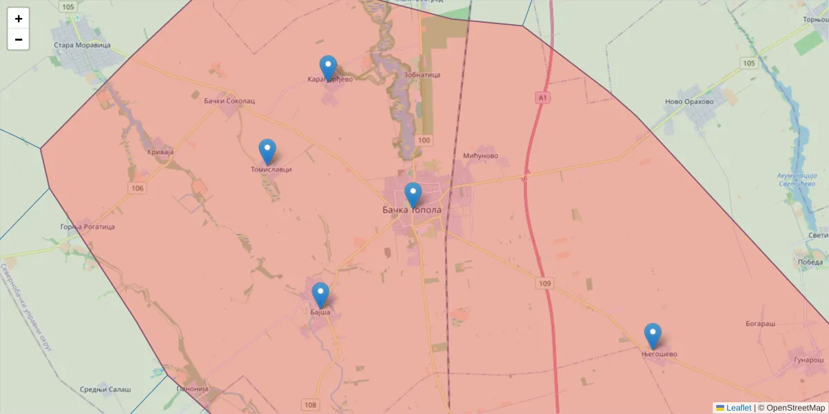 Mapa poštanskog broja  i okolnih poštanskih brojeva u Srbiji