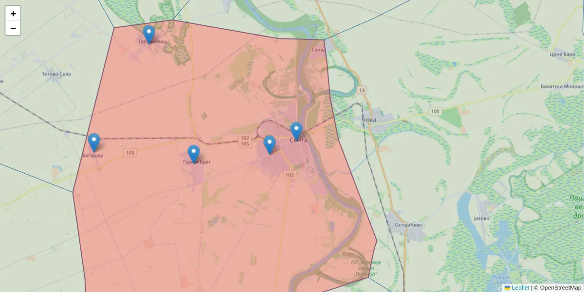Mapa poštanskog broja  i okolnih poštanskih brojeva u Srbiji
