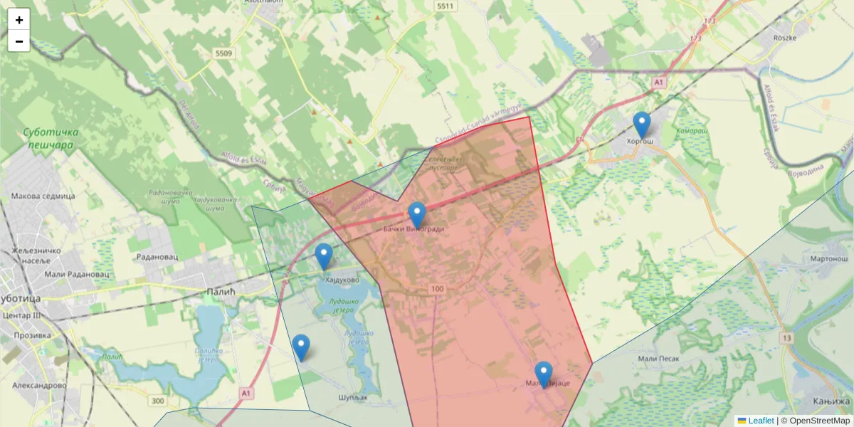 Mapa poštanskog broja  i okolnih poštanskih brojeva u Srbiji