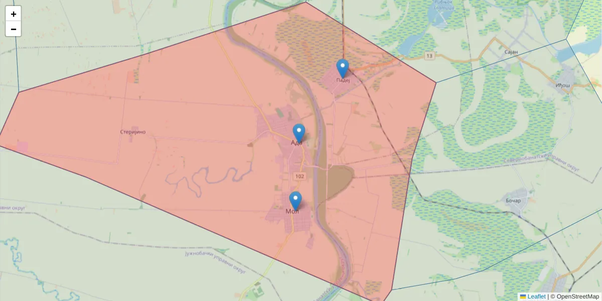 Mapa poštanskog broja  i okolnih poštanskih brojeva u Srbiji