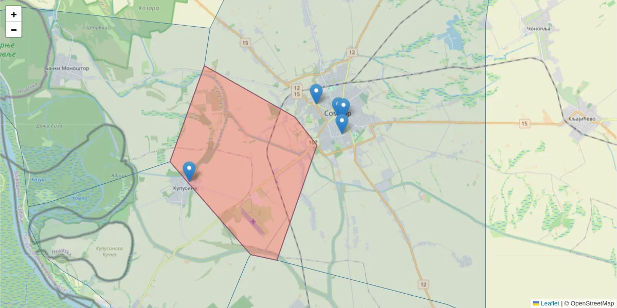 Mapa poštanskog broja  i okolnih poštanskih brojeva u Srbiji