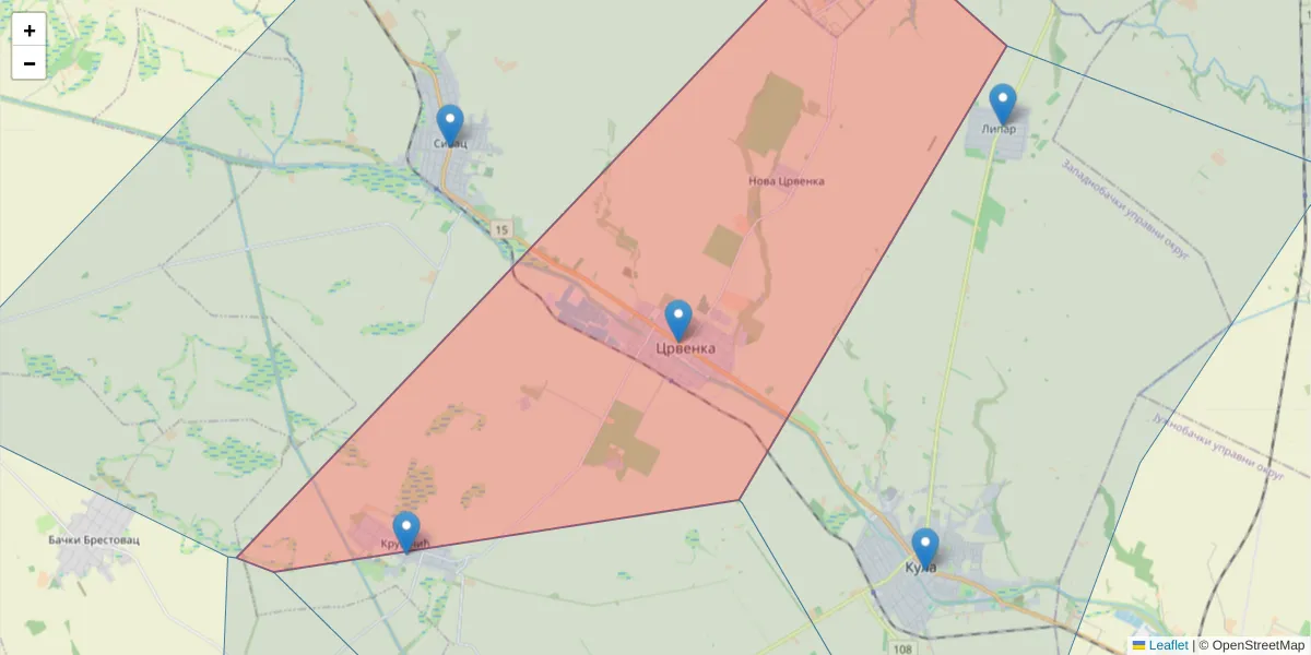 Mapa poštanskog broja  i okolnih poštanskih brojeva u Srbiji