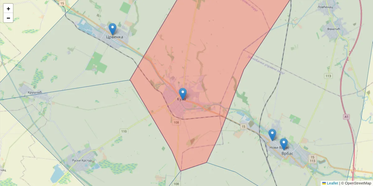 Mapa poštanskog broja  i okolnih poštanskih brojeva u Srbiji