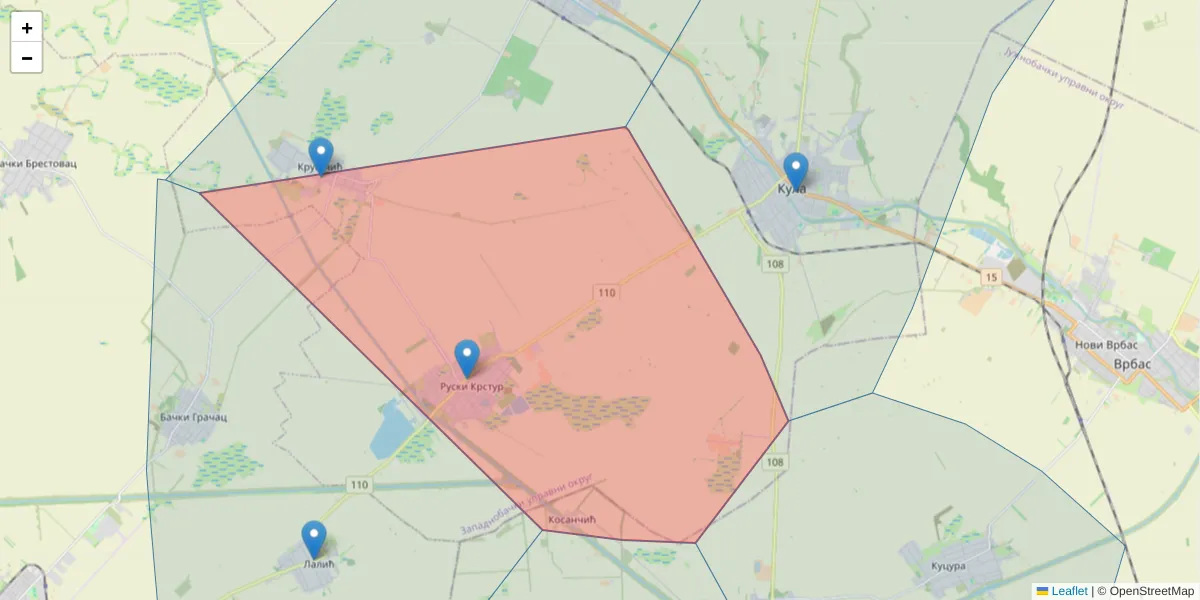 Mapa poštanskog broja  i okolnih poštanskih brojeva u Srbiji