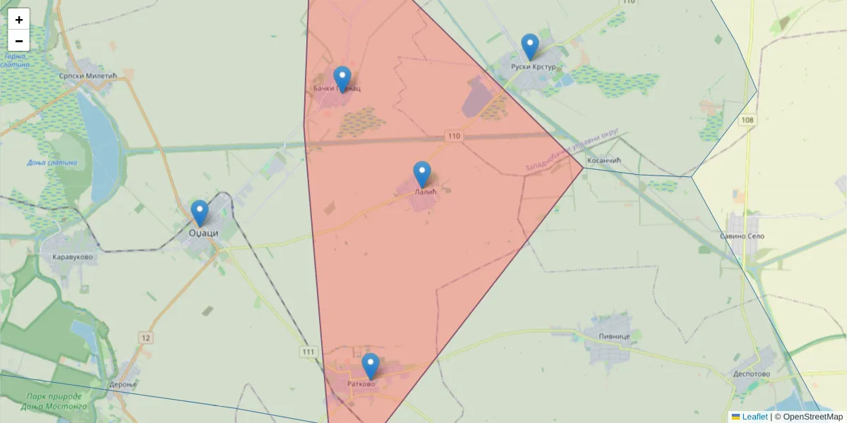 Mapa poštanskog broja  i okolnih poštanskih brojeva u Srbiji