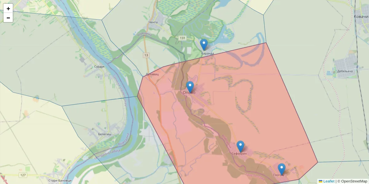 Mapa poštanskog broja  i okolnih poštanskih brojeva u Srbiji