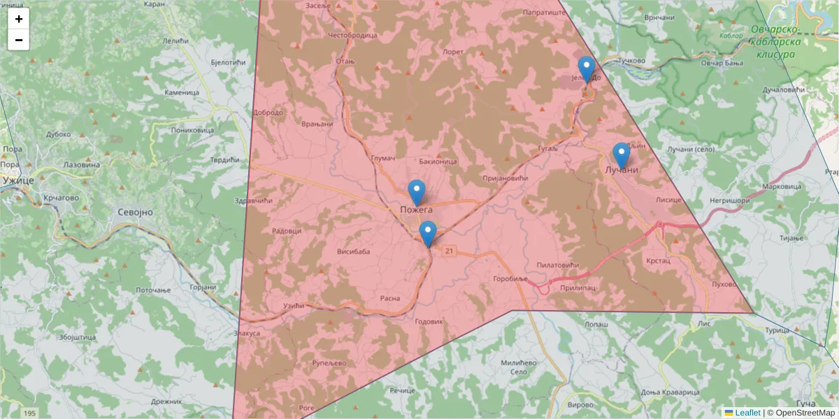 Mapa poštanskog broja  i okolnih poštanskih brojeva u Srbiji
