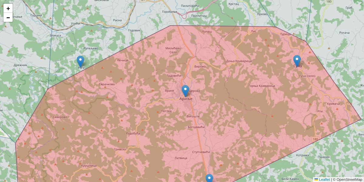 Mapa poštanskog broja  i okolnih poštanskih brojeva u Srbiji