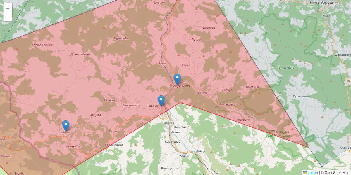 Mapa poštanskog broja  i okolnih poštanskih brojeva u Srbiji