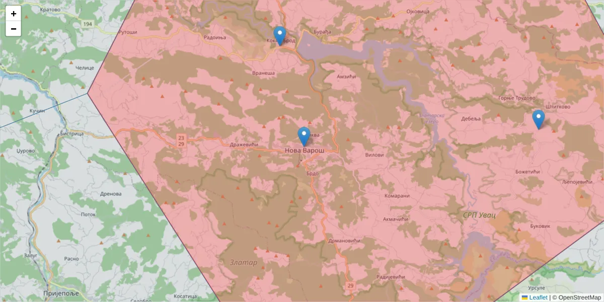 Mapa poštanskog broja  i okolnih poštanskih brojeva u Srbiji
