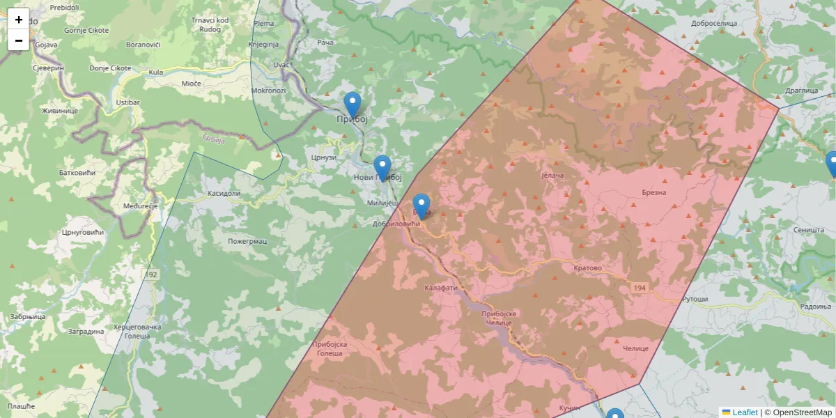 Mapa poštanskog broja  i okolnih poštanskih brojeva u Srbiji