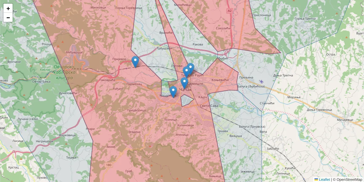 Mapa poštanskog broja  i okolnih poštanskih brojeva u Srbiji