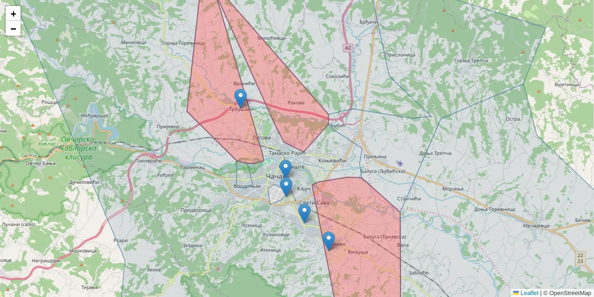 Mapa poštanskog broja  i okolnih poštanskih brojeva u Srbiji