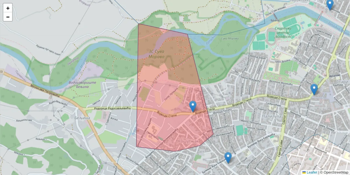 Mapa poštanskog broja  i okolnih poštanskih brojeva u Srbiji