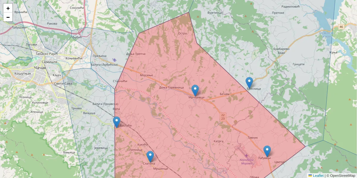Mapa poštanskog broja  i okolnih poštanskih brojeva u Srbiji