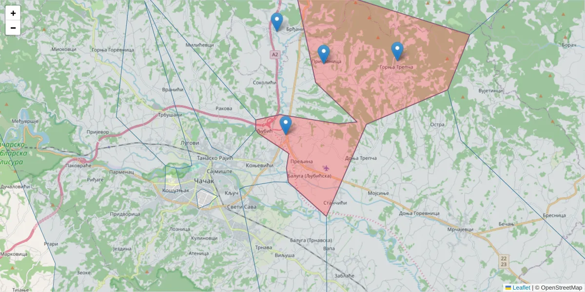 Mapa poštanskog broja  i okolnih poštanskih brojeva u Srbiji