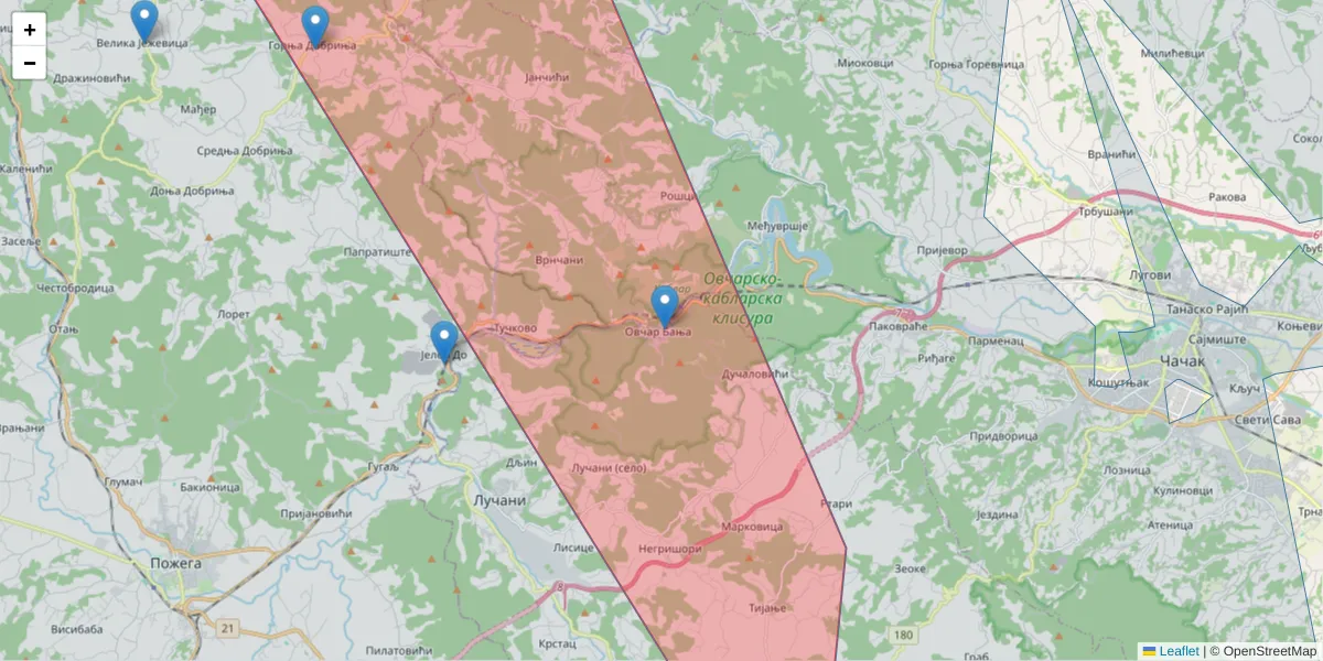 Mapa poštanskog broja  i okolnih poštanskih brojeva u Srbiji