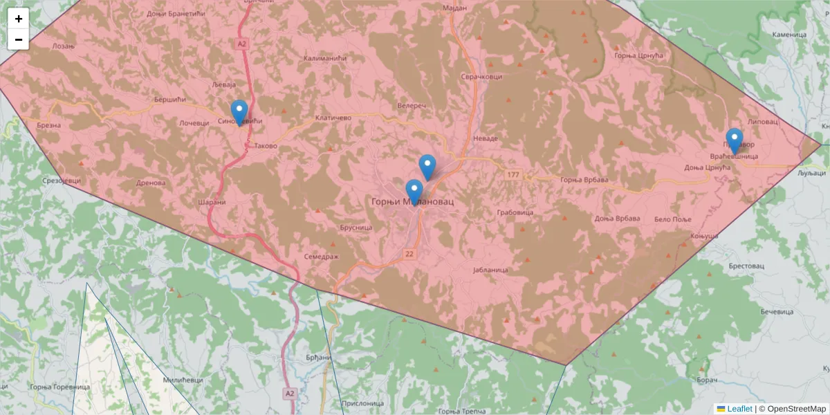 Mapa poštanskog broja  i okolnih poštanskih brojeva u Srbiji